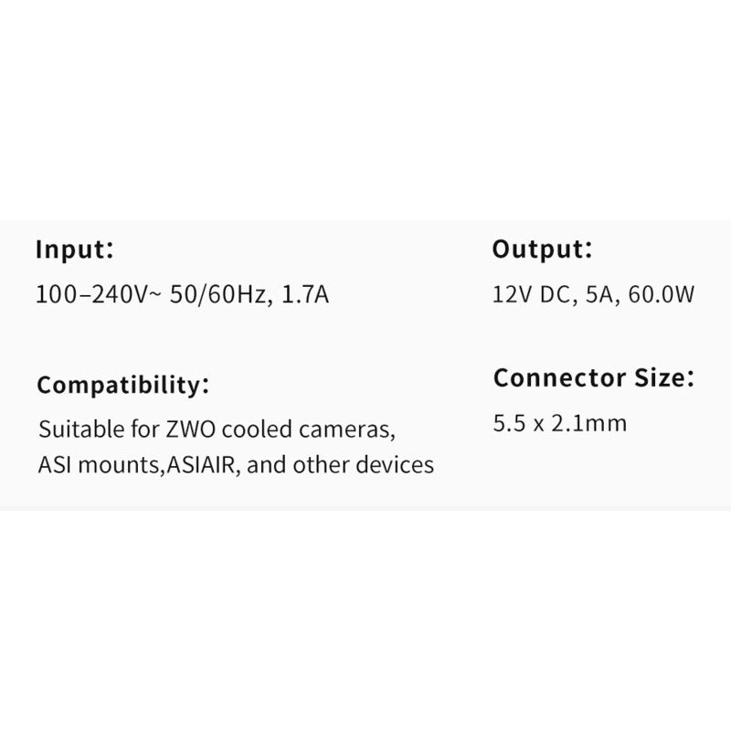ZWO Power Pack 12V 5A – Fuente de Alimentación para Cámaras Refrigeradas ZWO
