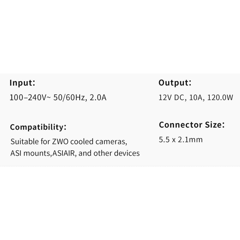ZWO Power Pack 12V 10A – Fuente de Alimentación 120W para Cámaras Refrigeradas y ASIAIR